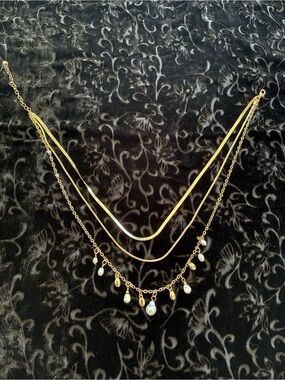 Layered Gold Charm Necklace with Teardrop Pendants
